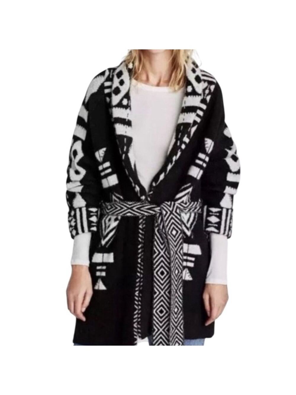 Zara Black White Navajo Belted Tie Waist Cardigan Sweater Jacket size XL